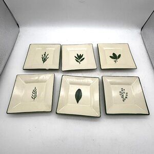 Thompson Pottery Portugal 6-Piece Square Herb Plates Set Green Botanical Nature